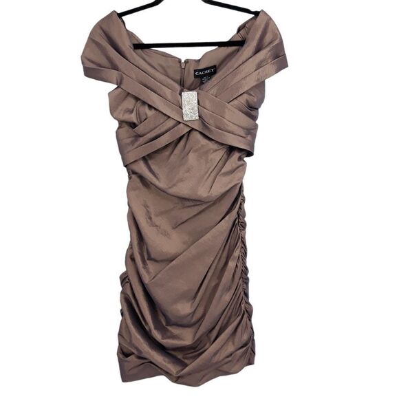 Vtg 80's Cache Formal Dress Iridescent Metallic Purple Off Shoulder Bodycon Sz 2 - Picture 1 of 10